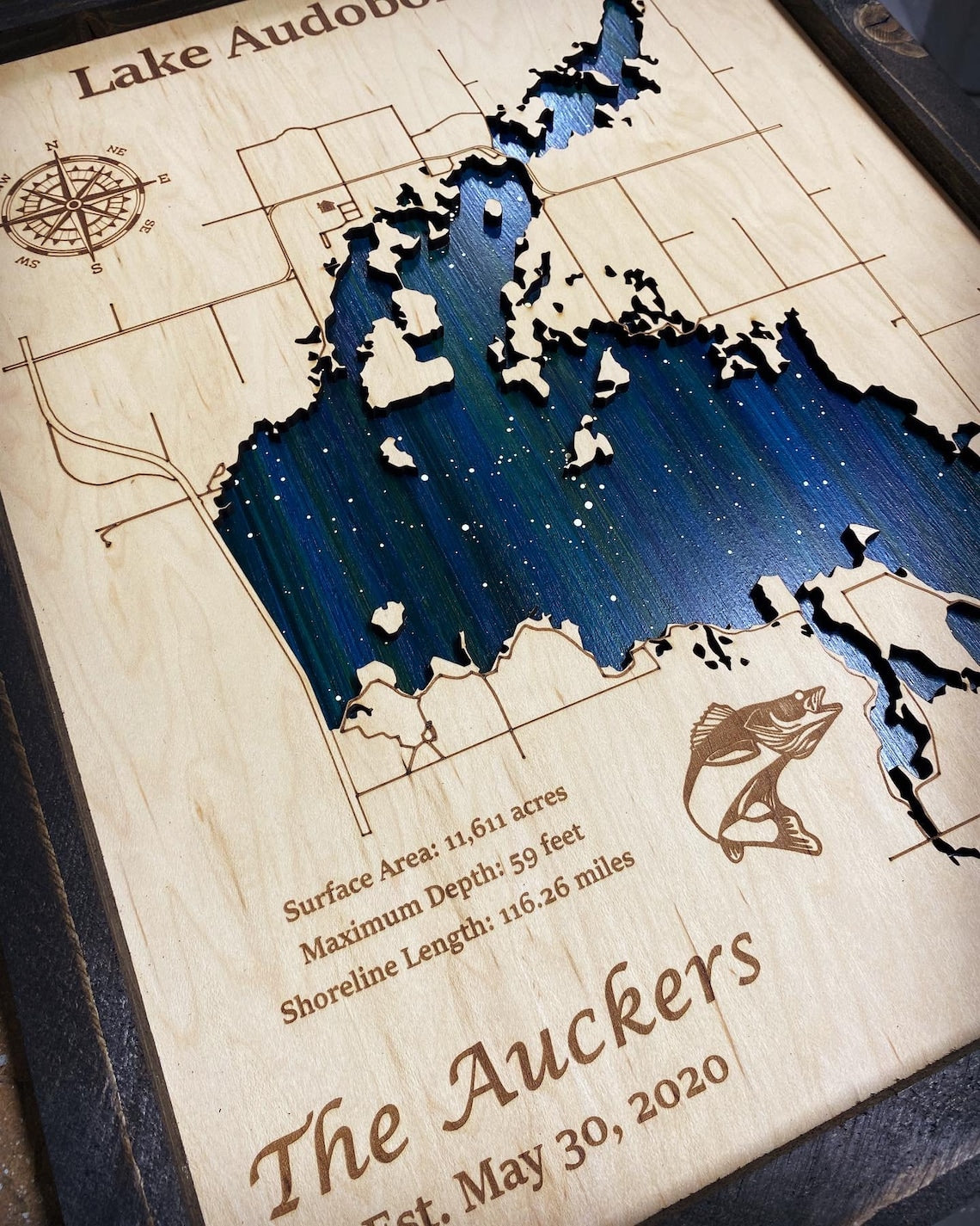 Any Lake Personalized Wood Art, custom lake with laser engraved surrounding street map, Starry Night Painting, 3D Custom Lake Map, Gift Idea $69.95+
