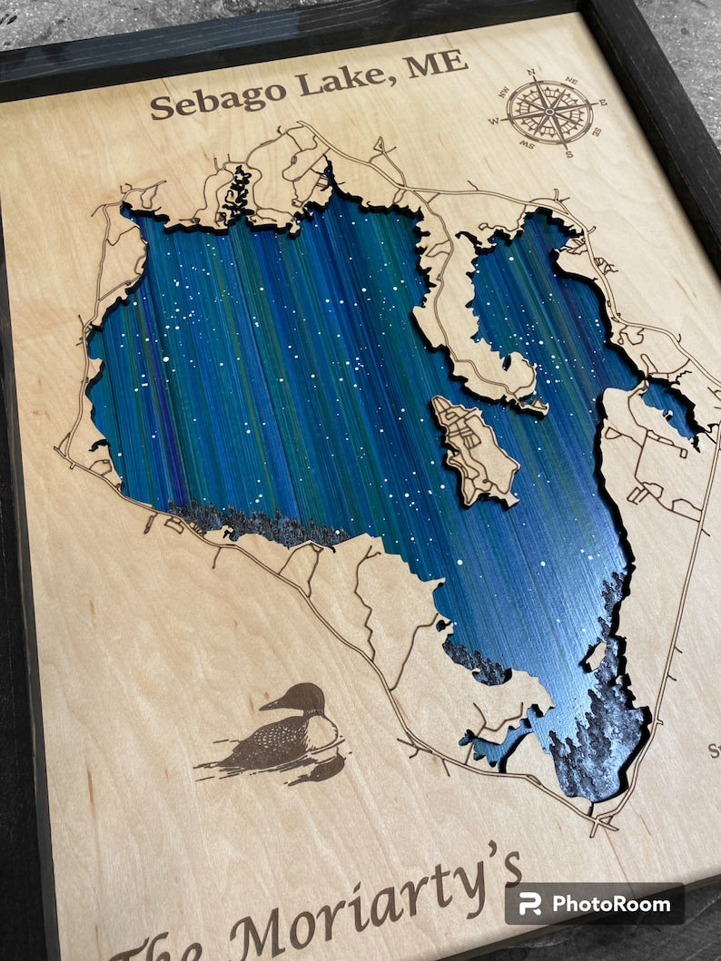 Any Lake Personalized Wood Art, custom lake with laser engraved surrounding street map, Starry Night Painting, 3D Custom Lake Map, Gift Idea $69.95+