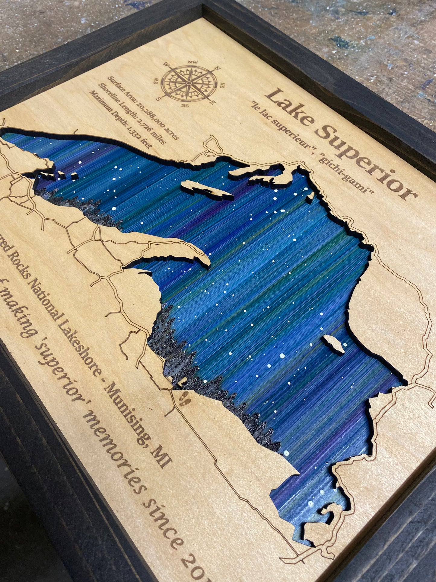 Any Lake Personalized Wood Art, custom lake with laser engraved surrounding street map, Starry Night Painting, 3D Custom Lake Map, Gift Idea $69.95+