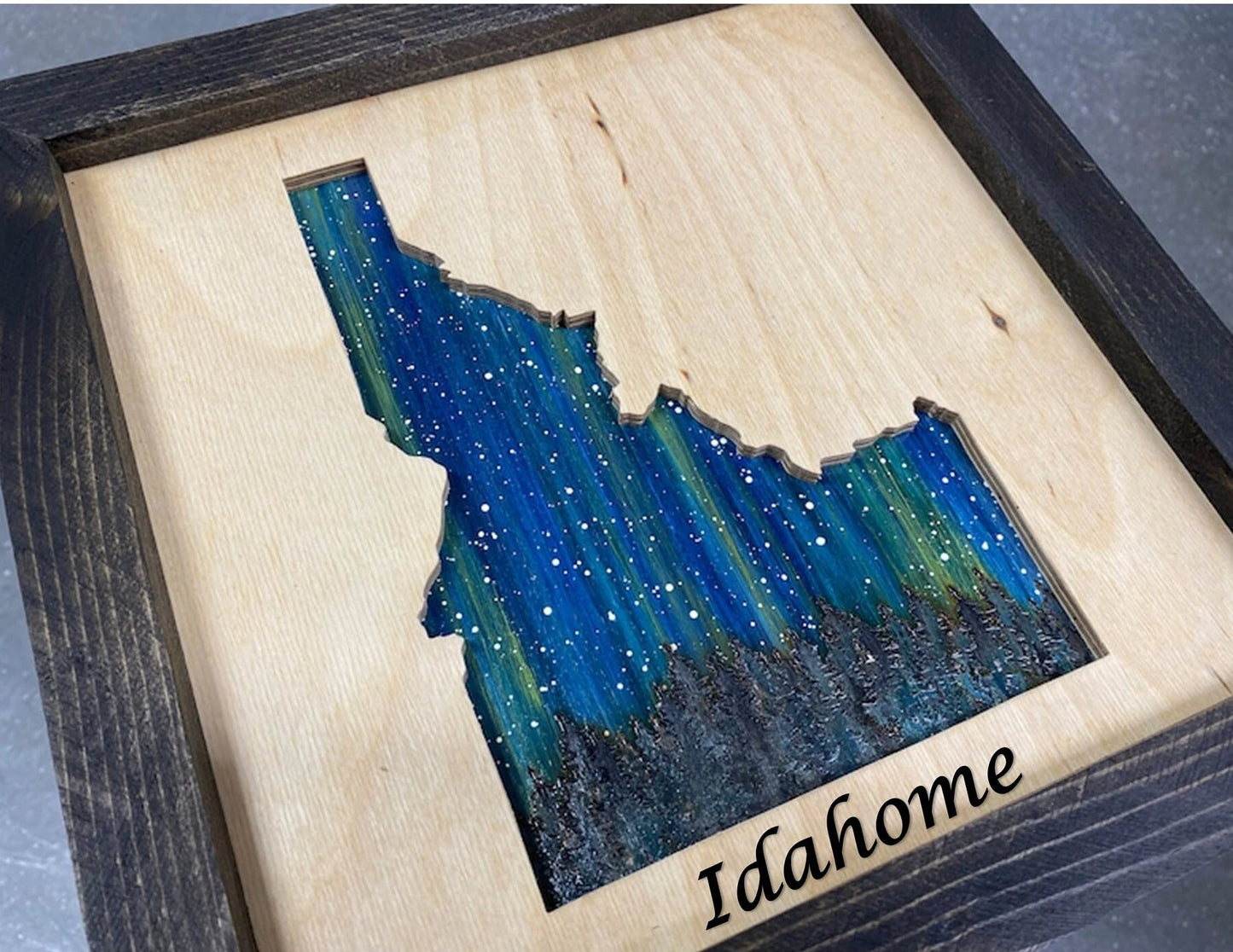 ANY STATE (Modern look), Personalized State Wooden Wall Art, Starry Night Sky Painting, Wood State Sign  (13x16" with frame) $79.95+