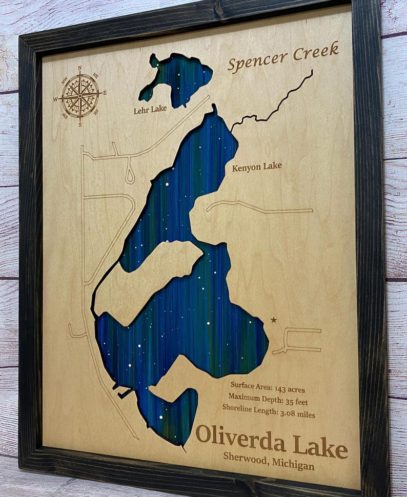 Any Lake Personalized Wood Art, custom lake with laser engraved surrounding street map, Starry Night Painting, 3D Custom Lake Map, Gift Idea